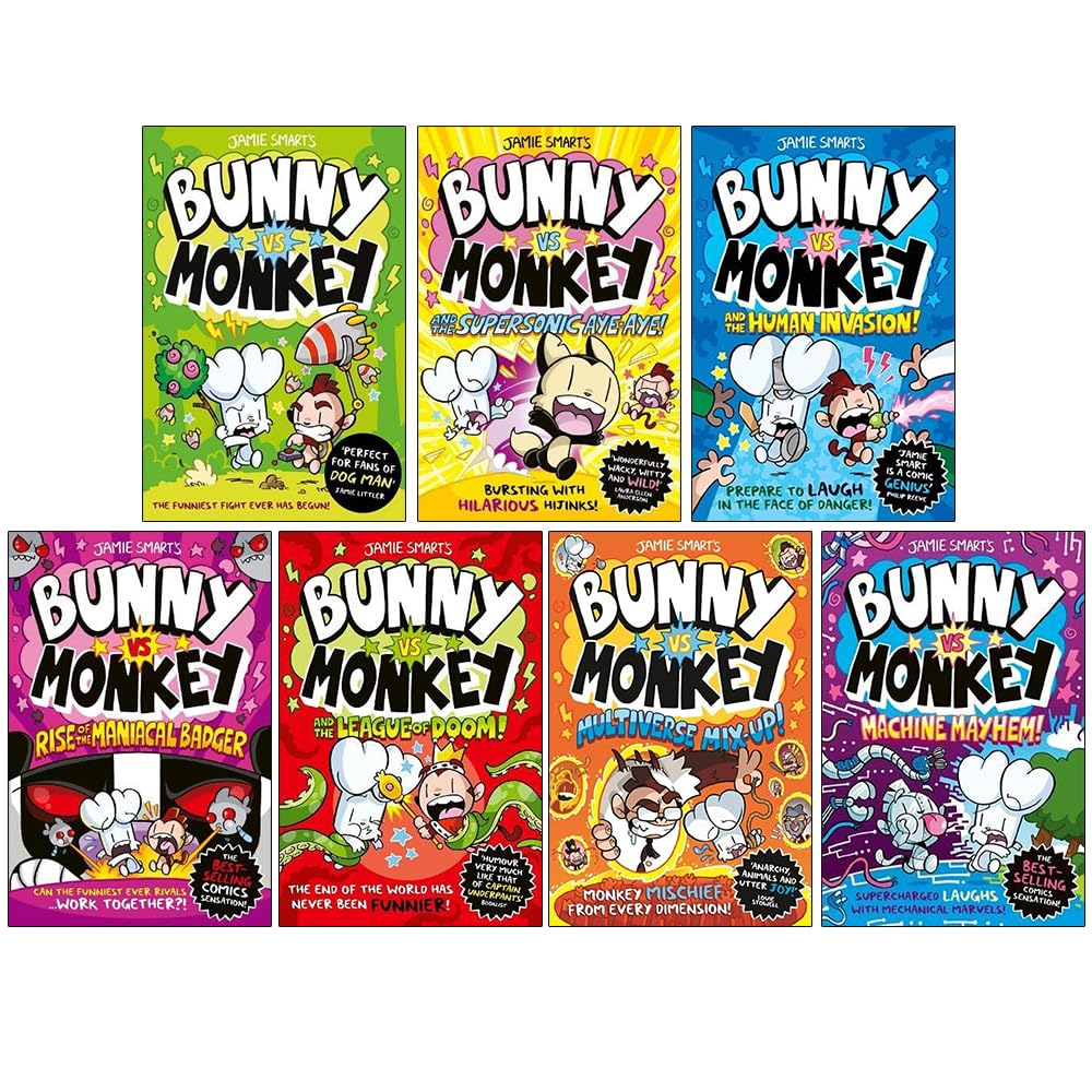 Bunny vs Monkey 7 Books Collection Set By Jamie Smart (Bunny vs Monkey, Supersonic Aye-aye, The Human Invasion, Rise of the Maniacal Badger, the League of Doom!, Multiverse Mix-up & Machine Mayhem)
