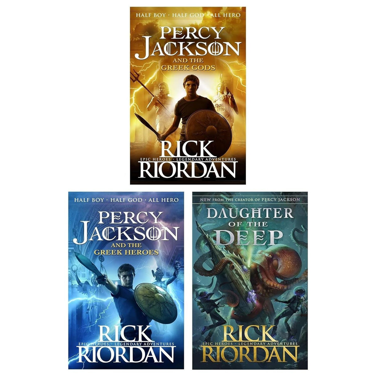 Rick Riordan Collection 3 Books Set (Percy Jackson and the Greek Gods, Percy Jackson and the Greek Heroes & Daughter of the Deep)