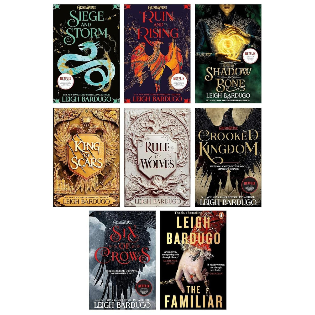 Leigh Bardugo 8 Books Collection Set (The Familiar, Shadow And Bone series, King of Scars duology, Six of Crows series)