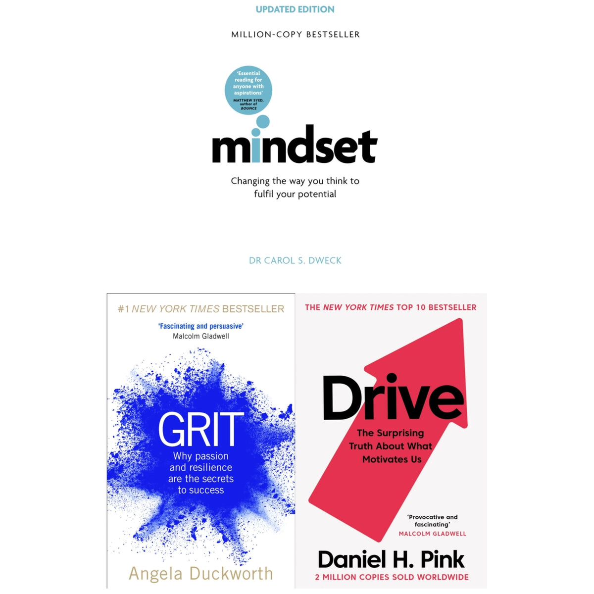 Mindset - Updated Edition, Grit, Drive The Surprising Truth About What Motivates Us 3 Books Collection Set