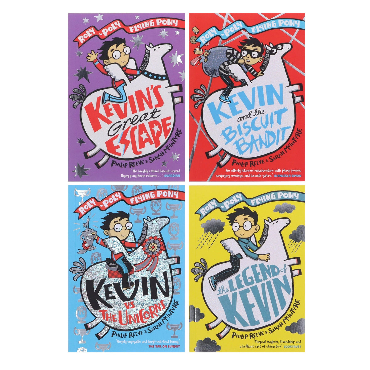 A Roly-Poly Flying Pony Adventure 4 Books Set by Philip Reeve (The Legend of Kevin, Kevin and the Biscuit Bandit,Kevin vs the Unicorns & Kevin's Great Escape)