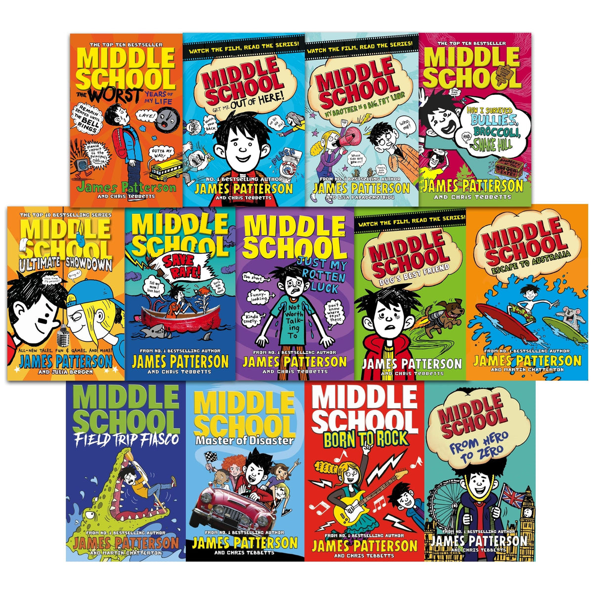 Middle School by James Patterson 13 Books Collection Set Escape to Australia, Field Trip Fiasco