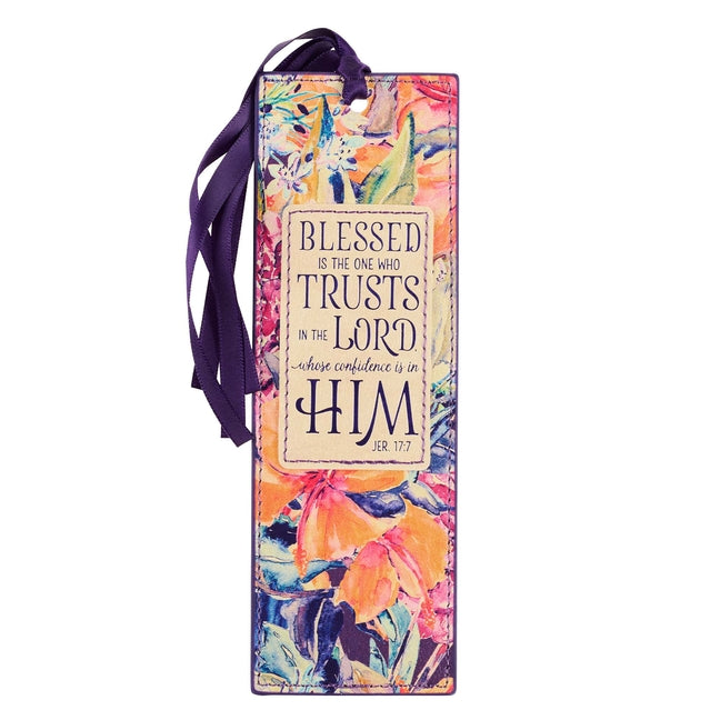 Christian Art Gifts Faux Leather Bookmark Blessed Is the One Jeremiah 17:7 Bible Verse, Purple Floral