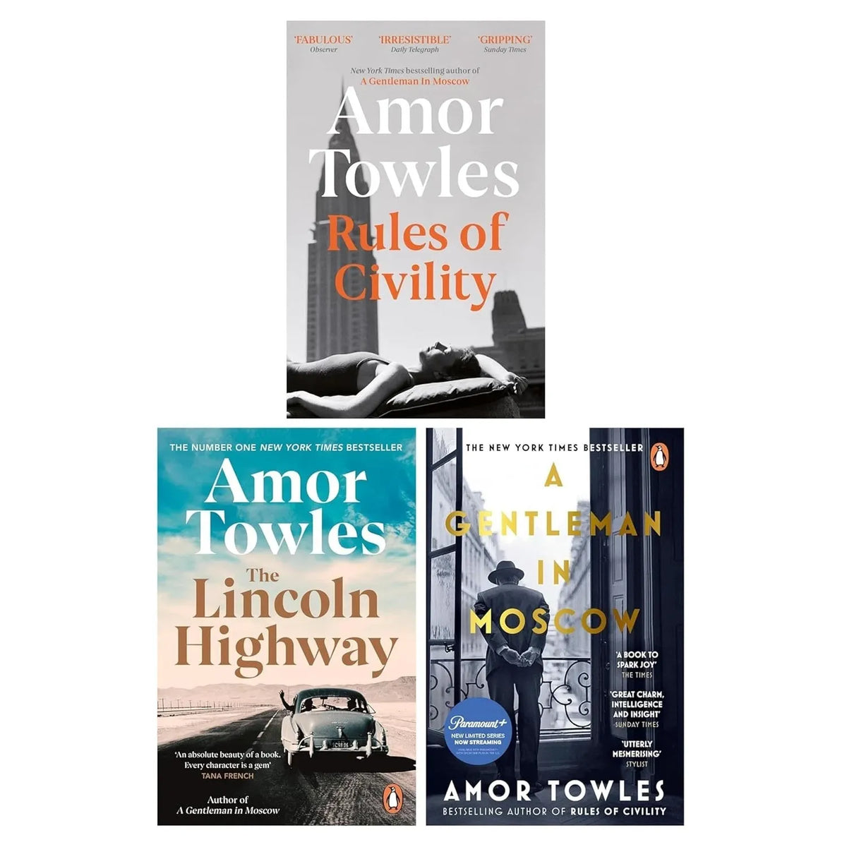 Amor Towles Collection 3 Books Set(Rules of Civility, The Lincoln Highway & A Gentleman in Moscow)