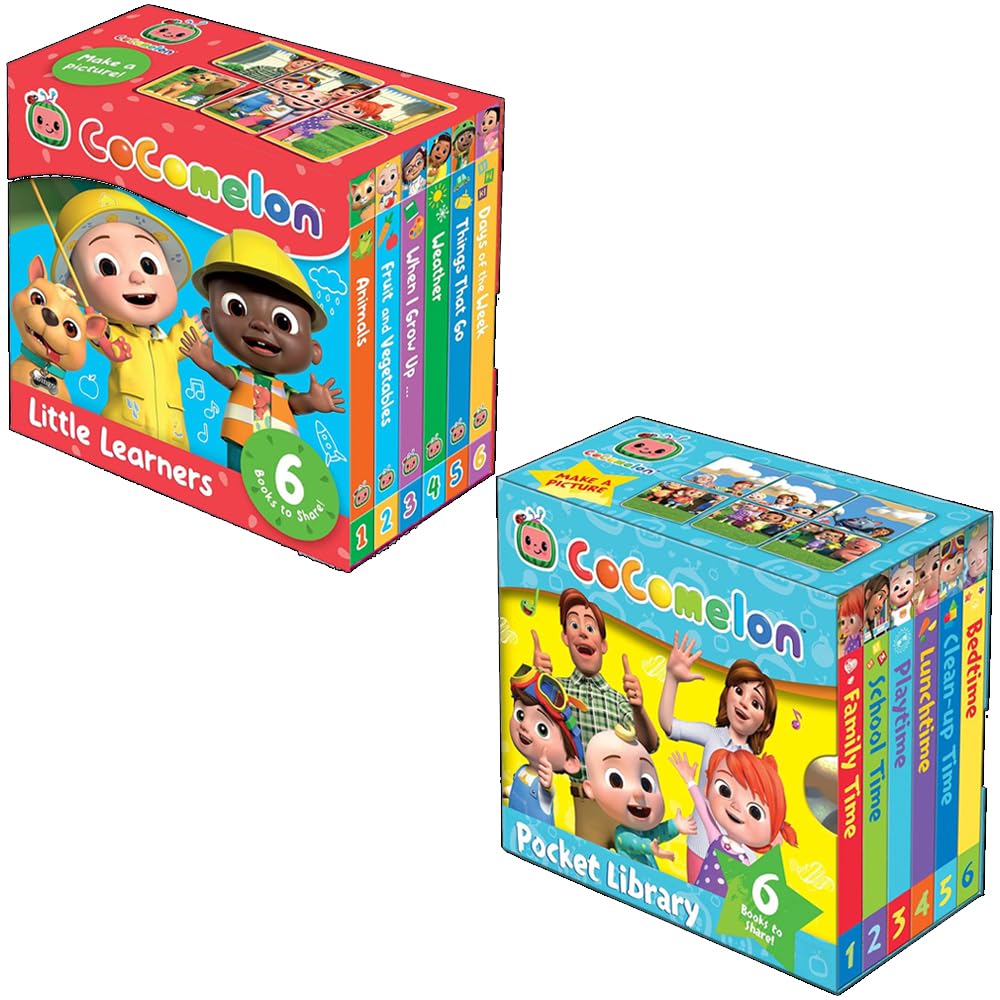 Cocomelon Little Learners Pocket Library 12 Board Books Collection Set (Animals, Fruit And Vegetables, When I Grow Up,Weather,Things That Go,Days of the Week,Family Time,School Time,Playtime and More)