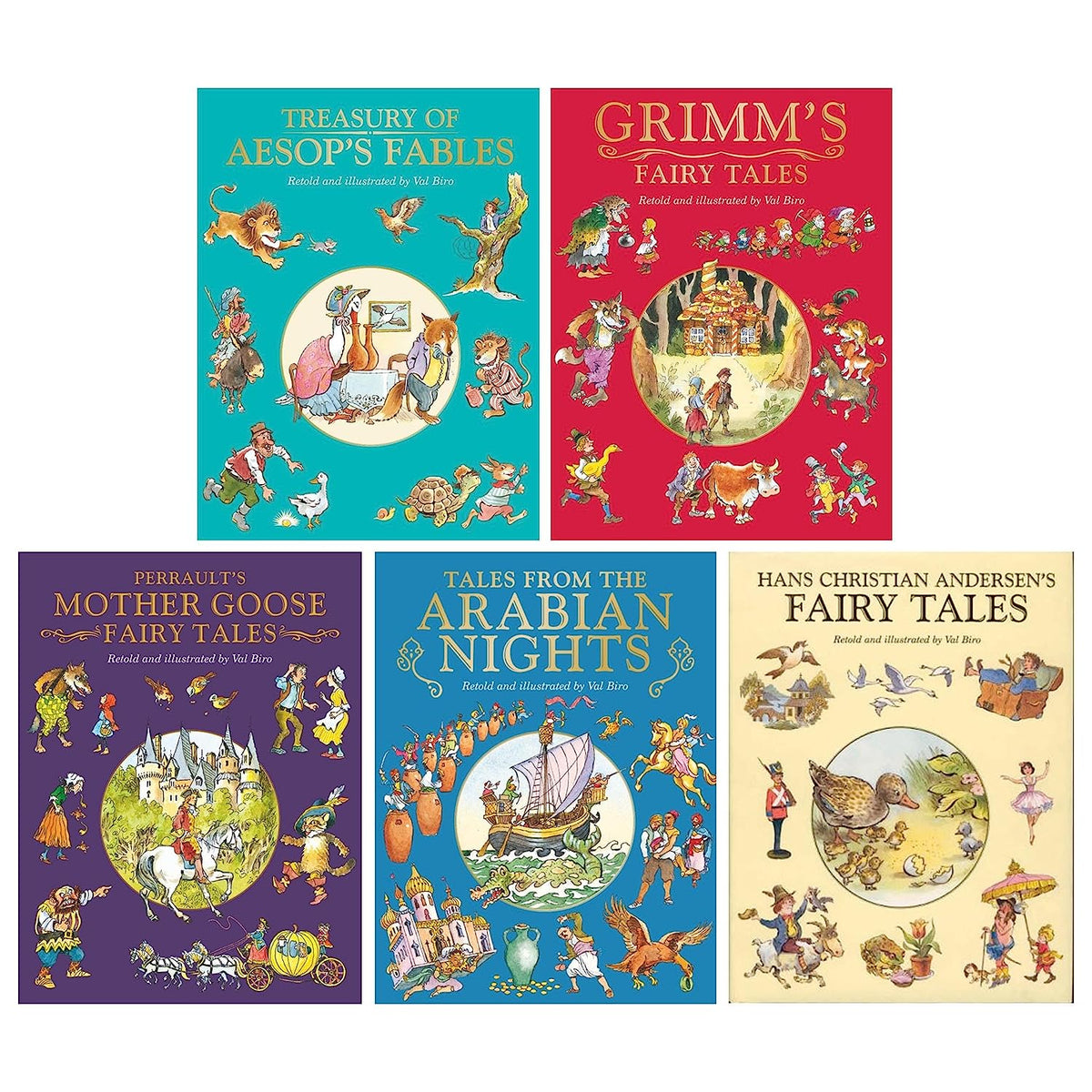 Fairy Tale Treasuries Series by Val Biro 5 Books Collection (Treasury of Aesop's Fables, Grimm's Fairy Tales, Charles Perrault's Mother Goose Fairy Tales, Tales from the Arabian Nights, Hans Christian Andersen's Fairy Tales)