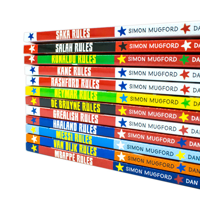 Football Superstars 12 Books Collection Rules Mega Pack Set By Simon Mugford &amp; Dan Green(Fact,Stories &amp; Starts)(Rolando, Neymar, Messi, Kane, Mbappé, Rashford, Haaland, Salah, De Bruyne &amp; More)