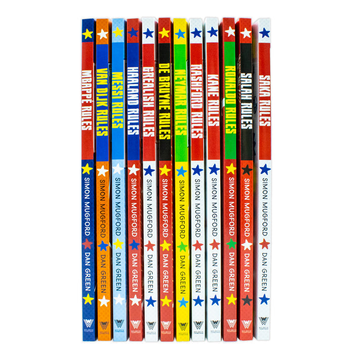 Football Superstars 12 Books Collection Rules Mega Pack Set By Simon Mugford &amp; Dan Green(Fact,Stories &amp; Starts)(Rolando, Neymar, Messi, Kane, Mbappé, Rashford, Haaland, Salah, De Bruyne &amp; More)