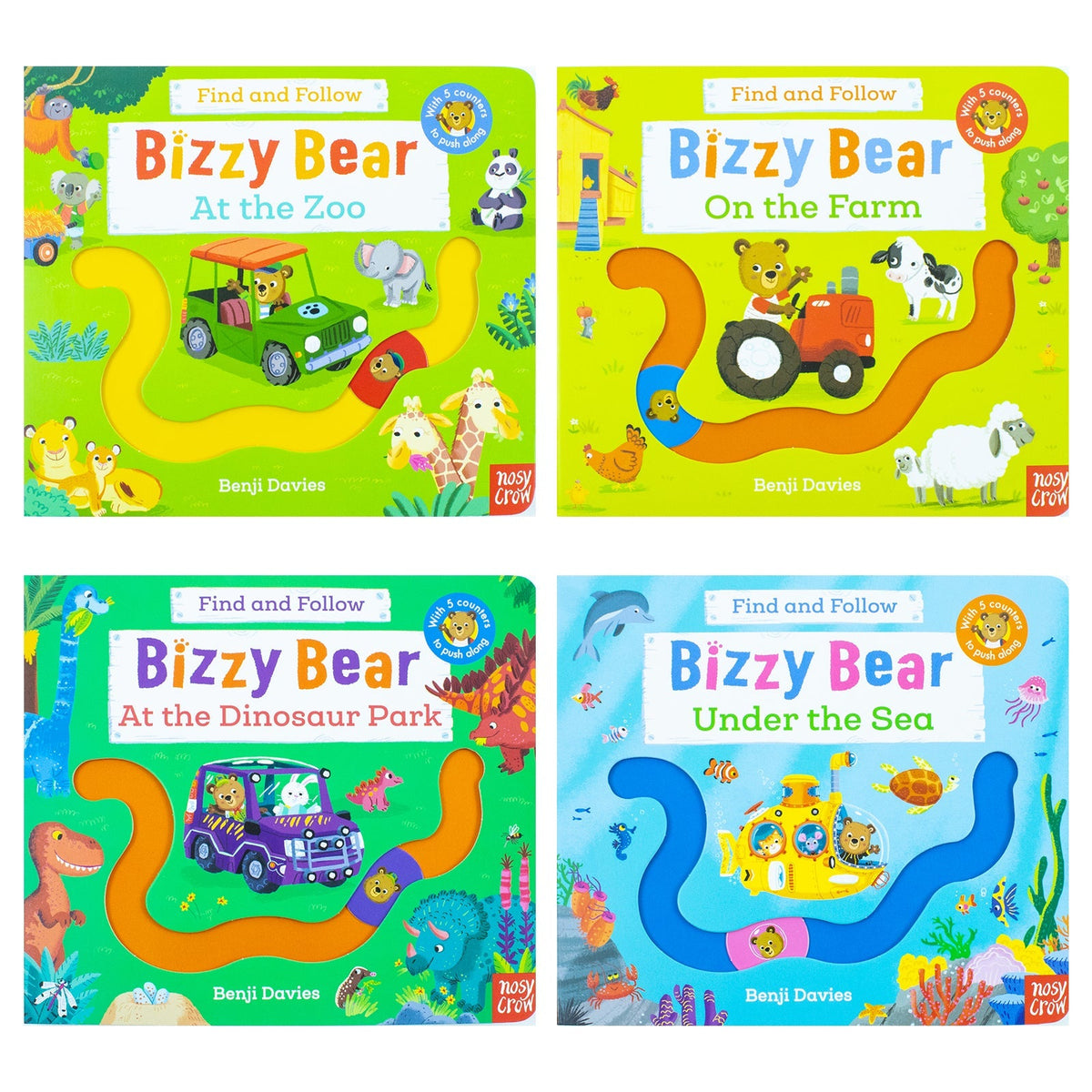 Bizzy Bear Find & Follow Series 4 Books Set (At The Zoo, On The Farm, At The Dinosaur Park, Under The Sea)