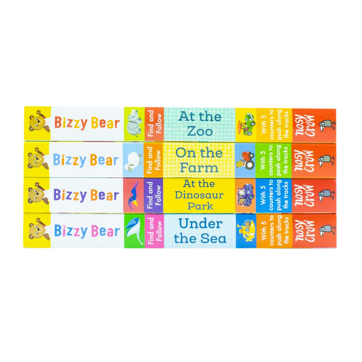 Bizzy Bear Find & Follow Series 4 Books Set (At The Zoo, On The Farm, At The Dinosaur Park, Under The Sea)