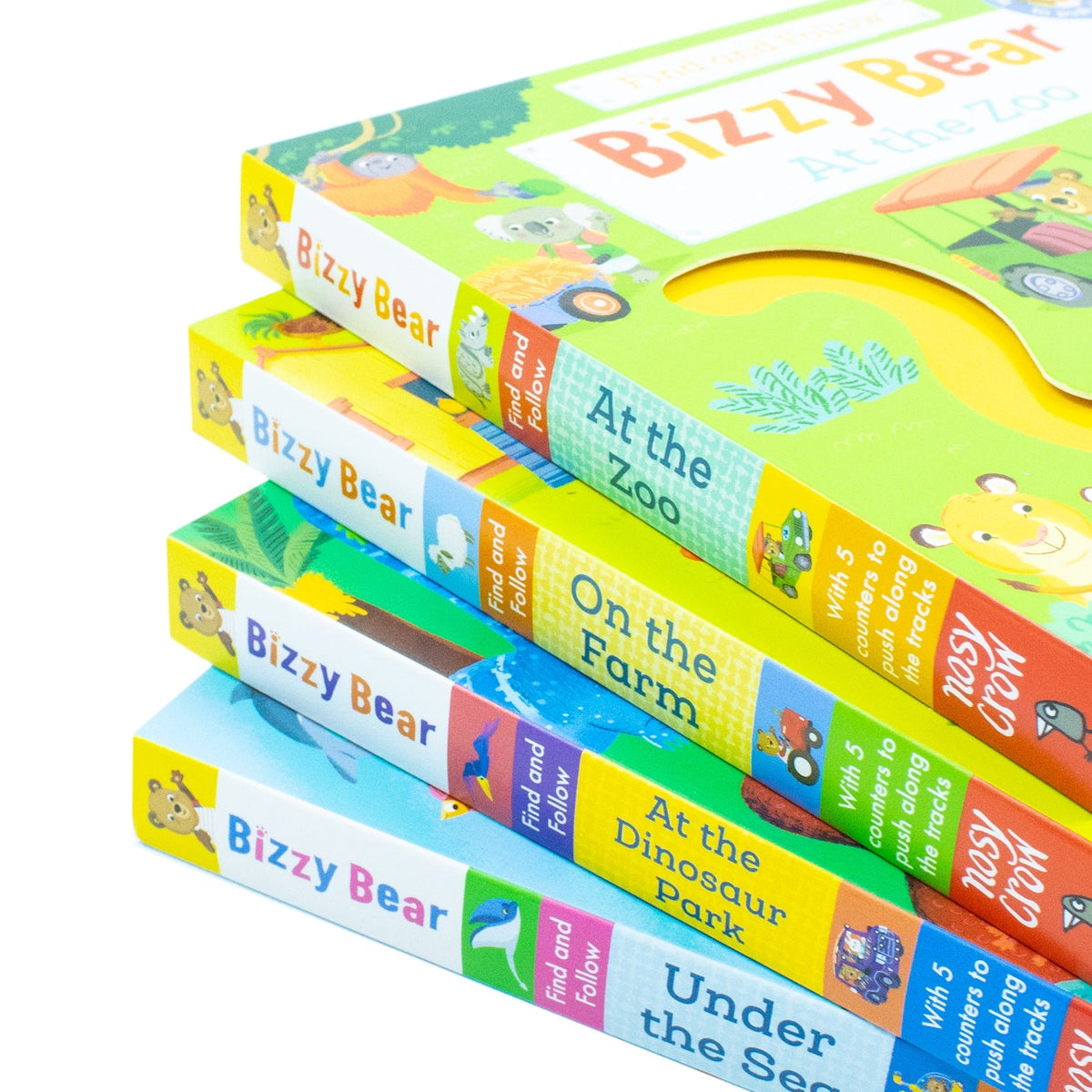 Bizzy Bear Find & Follow Series 4 Books Set (At The Zoo, On The Farm, At The Dinosaur Park, Under The Sea)
