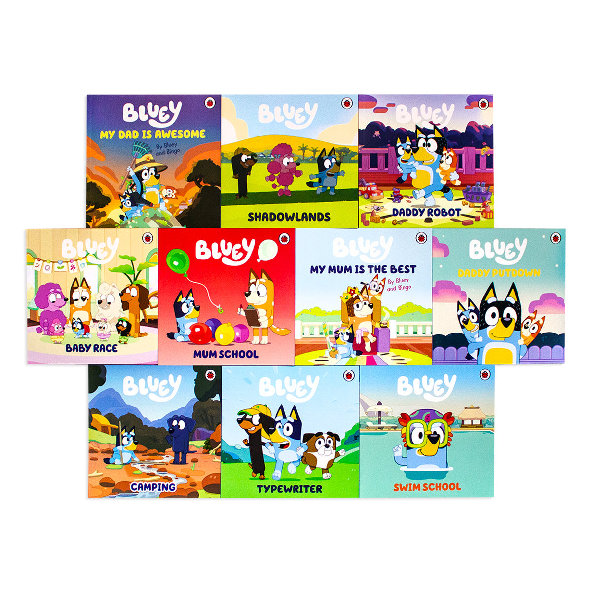 Bluey: Gotta Be Done! 10 Picture Books Story Collection Box Set (Typewriter, Swim School, Shadowlands, My Mum is the Best, Mum School, Daddy Robot, Daddy Putdown, My Dad is Awesome, Camping, Baby Race)