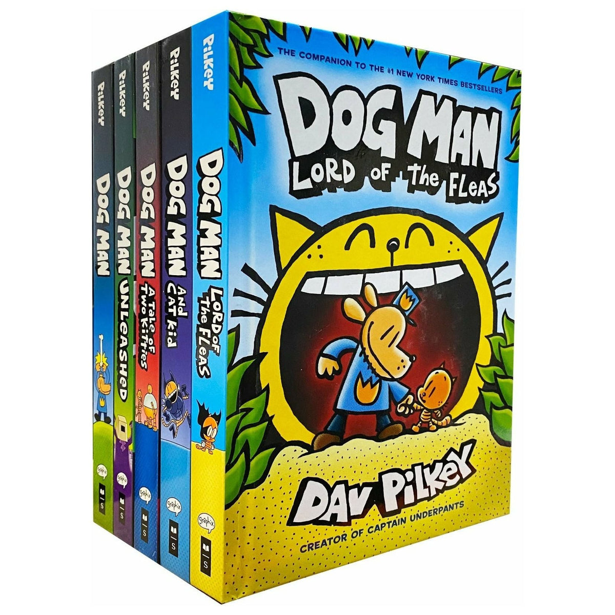 [h] Dog Man Series 1-5 Books Collection Set By Dav Pilkey (Dog Man, Unleashed, A Tale of Two Kitties, Dog Man and Cat Kid, Lord of the Fleas)
