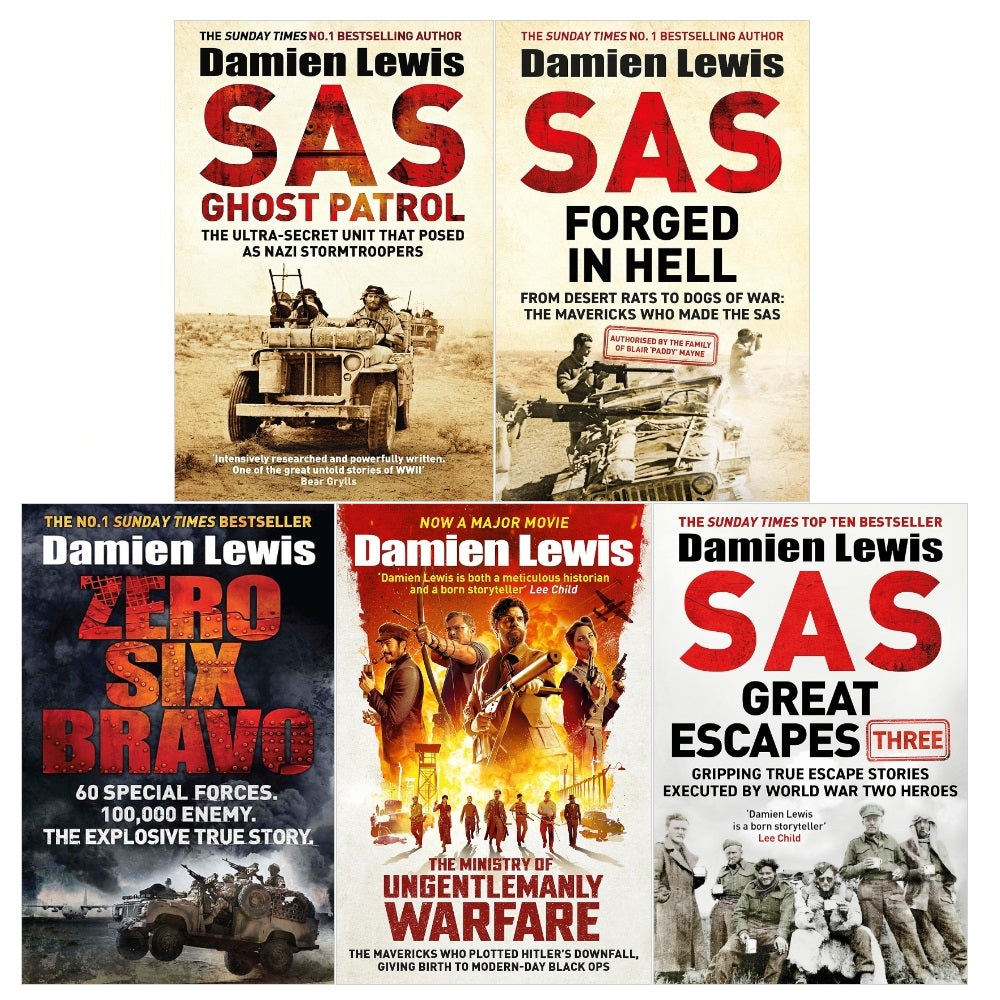Damien Lewis 5 Books Collection Set (The Ministry of Ungentlemanly Warfare, SAS Great Escapes Three, SAS Forged in Hell, SAS Ghost Patrol, Zero Six Bravo)
