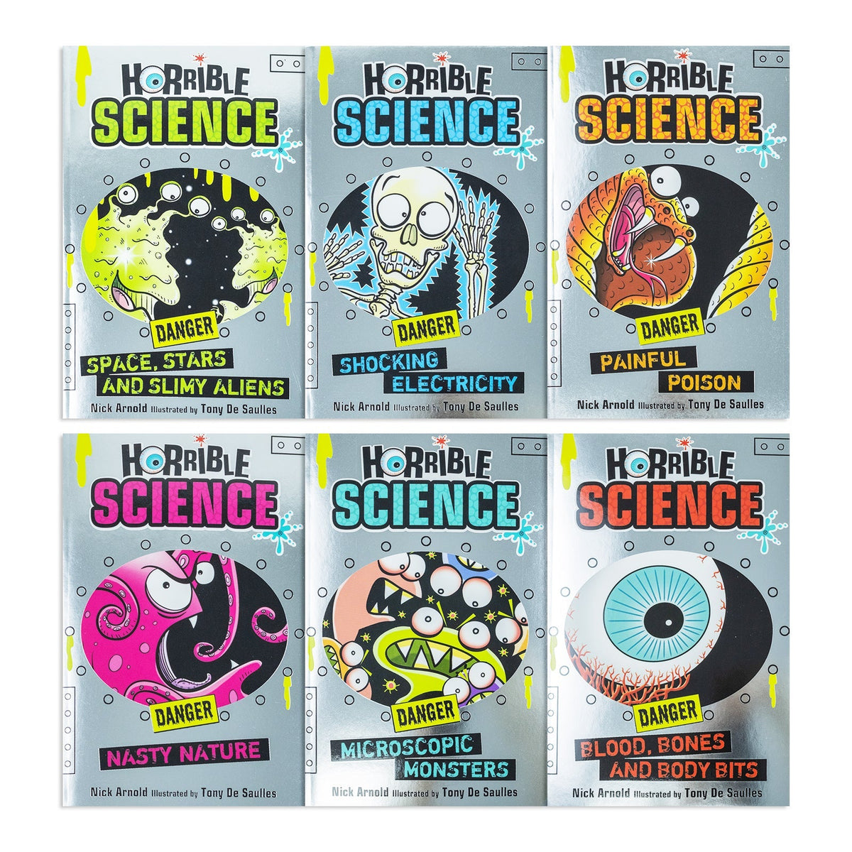 Horrible Science Collection 6 Books Set by Nick Arnold (Blood Bones and Body Bits, Microscopic Monsters, Nasty Nature, Painful Poison, Shocking Electricity, Space Stars and Slimy Aliens)