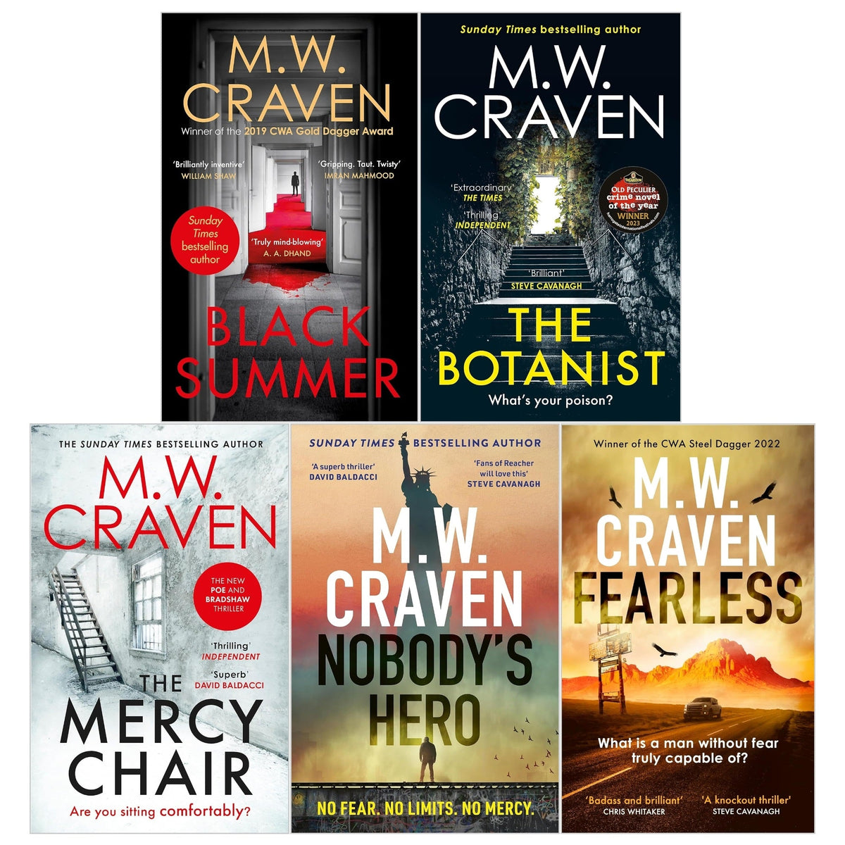 Washington Poe and Ben Koenig Series 5 Books Collection Set By M W Craven (Black Summer, The Botanist, The Mercy Chair, Fearless, Nobody's Hero)