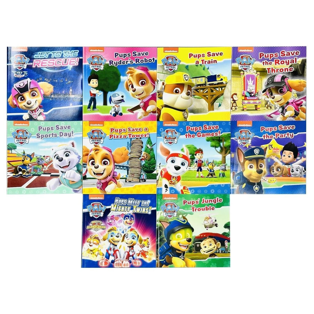Nickelodeon Paw Patrol 10 Books Collection Set (Pups Meet The Mighty Twins, Save A Train, Save The Games, Save Sports Day,Save Ryders Robot, The Royal Throne,A Pizza Tower!, Jungle Trouble & More)
