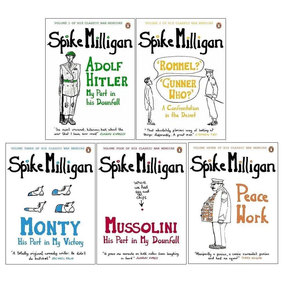 Milligan Memoirs Series 5 Books Collection Set by Spike Milligan Adolf Hitler(Peace Work,  Adolf Hitler, 'Rommel?' 'Gunner Who?', Monty ,Mussolini)