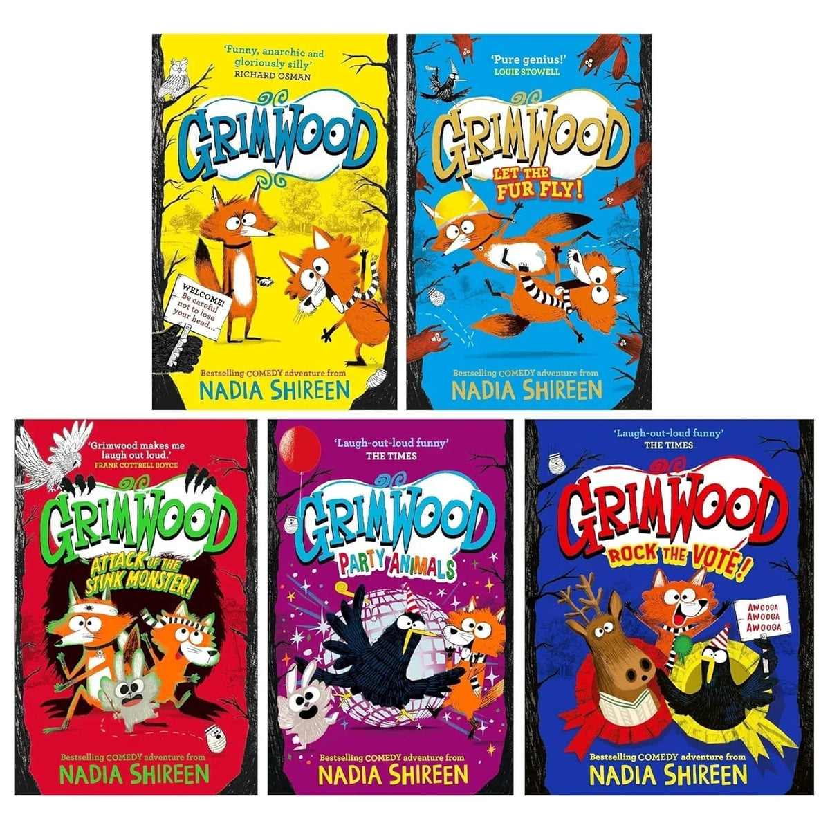 Grimwood Series by Nadia Shireen 5 Books Collection Set(Grimwood, Let the Fur Fly!, Attack of the Stink Monster, Party Animals & Rock the Vote! (Hardback))