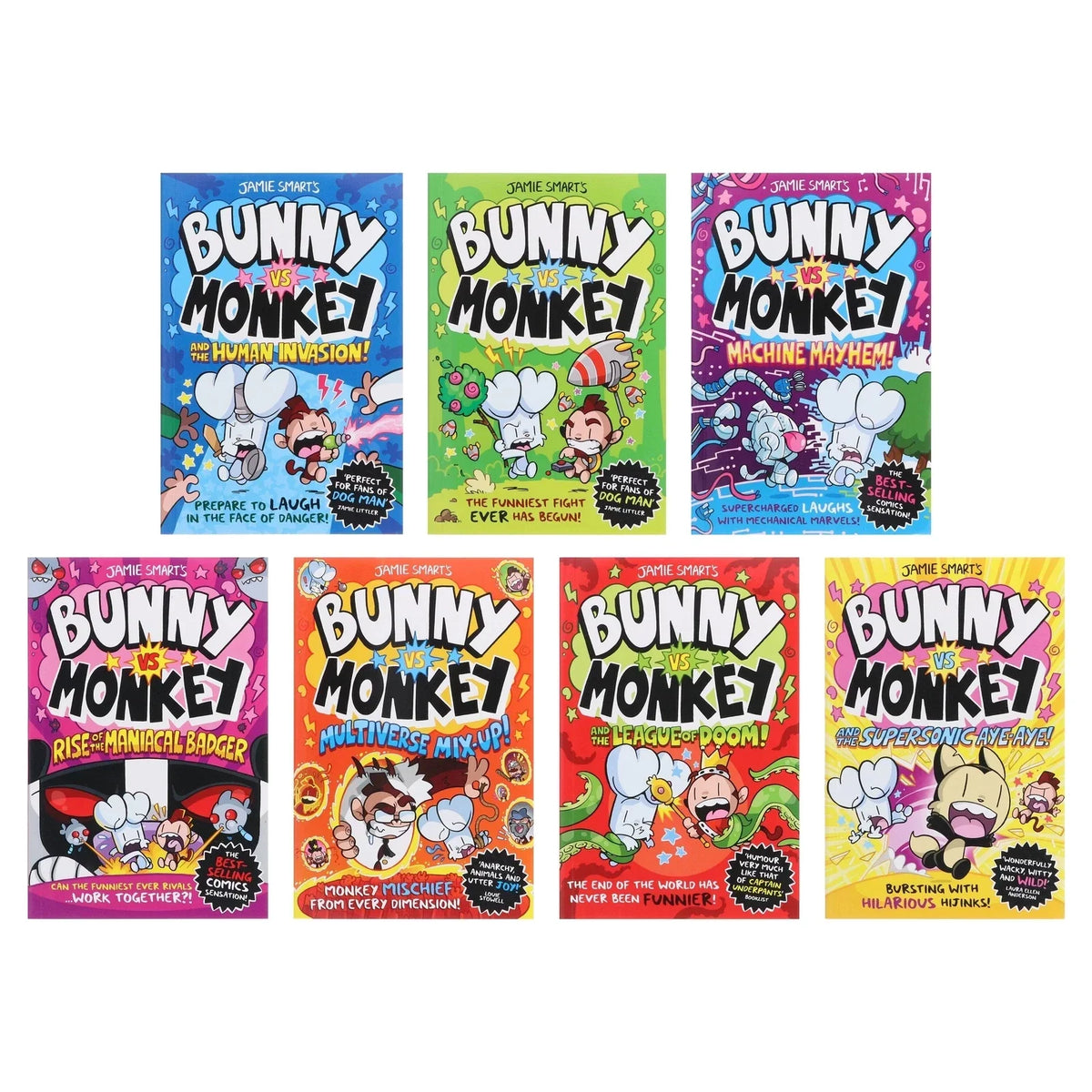 Bunny vs Monkey 7 Books Collection Set By Jamie Smart (Bunny vs Monkey, Supersonic Aye-aye, The Human Invasion, Rise of the Maniacal Badger, the League of Doom!, Multiverse Mix-up & Machine Mayhem)